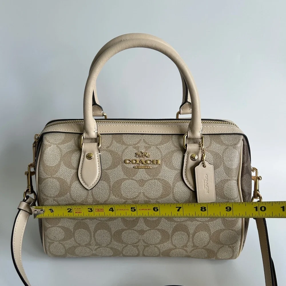 Coach Rowan Satchel Khaki Chalk Signature Canvas Leather Bag Excellent‎